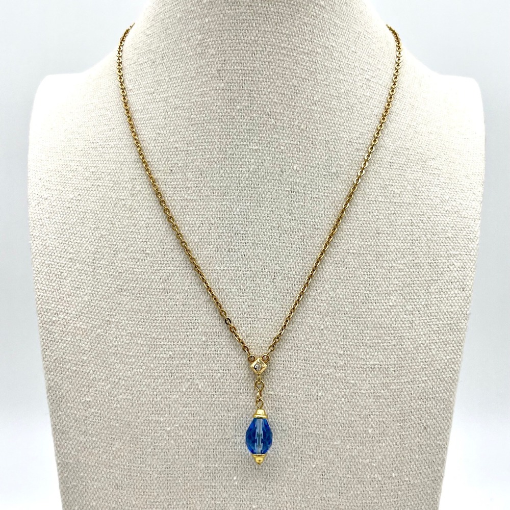 Blue Crystal Drop‎ Necklace Gold Chain Adjustable Length Elegant